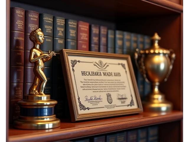 Close-up of historical awards and framed commendations displayed in a dignified library setting.