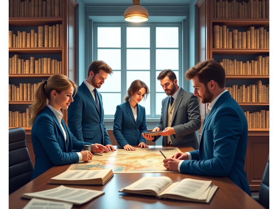 Professional team of Royal Spade Collective historians collaborating in a modern, well-lit archive office, surrounded by historical documents and digital screens.