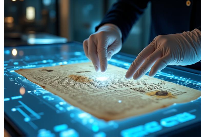 A sophisticated AI interface overlaid on a blurred image of old historical documents, symbolizing the fusion of traditional research with modern technology and data analysis.