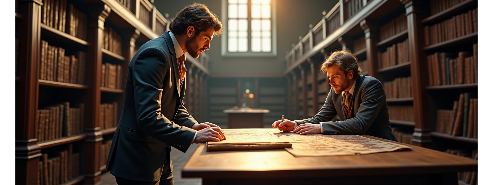 Team members meticulously examining ancient manuscripts in a sunlit, grand archival setting, conveying deep focus and historical expertise.