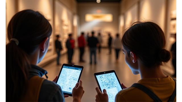 Digital interface showcasing an interactive exhibition of ancient Egyptian artifacts, with visitors engaged in a museum setting.