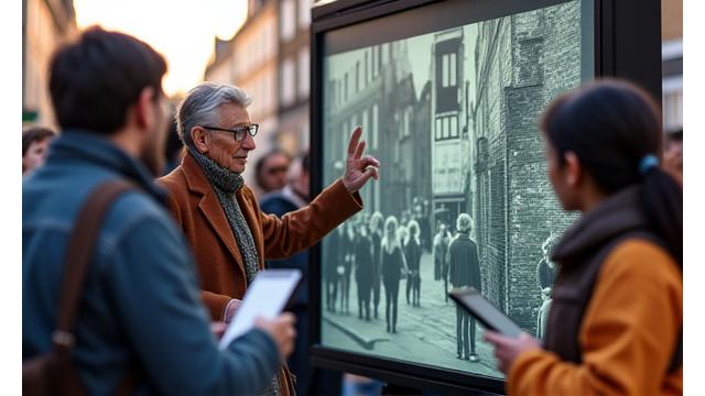 Community members gathered around a large interactive screen displaying historical photographs of their local London street, with a focus on historical detail.