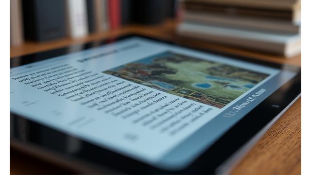 Open e-book on a sophisticated digital reader, showing integrated video and interactive elements within a historical context, with a sales chart in the background.