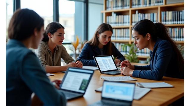 Students engaging with tablets in a university library setting, exploring an interactive curriculum on historical events.