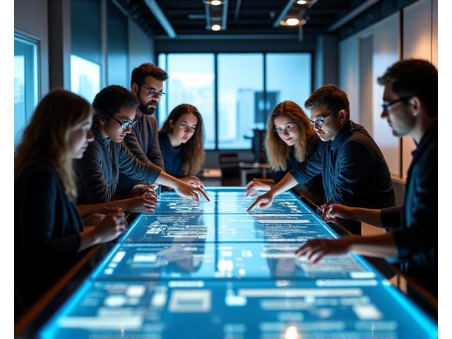 Team of historians and digital designers collaboratively working around a large interactive table, reviewing a digital timeline and archival documents, symbolizing an integrated development process.