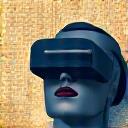 Stylized icon representing virtual reality headset and augmented reality elements over an ancient map, symbolizing immersive historical experiences.