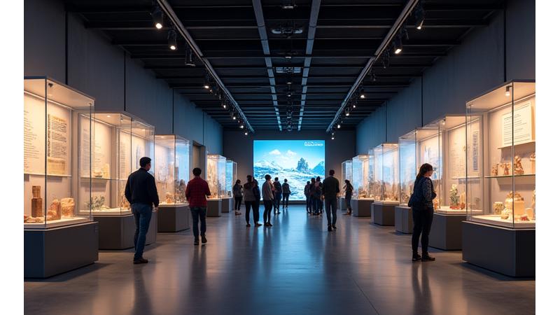 Visitors immersed in an interactive historical exhibition at a London museum, showcasing high ceilings, subtle lighting, and clearly presented artifacts.