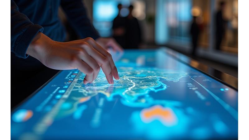 A visitor interacting with a large historical timeline on a multi-touch display, showing detailed historical events and figures.
