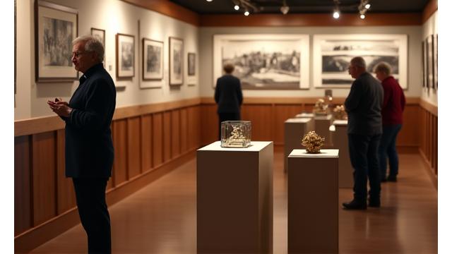 An intimate gallery space featuring local historical photographs and heirlooms in a well-lit, cozy setting.