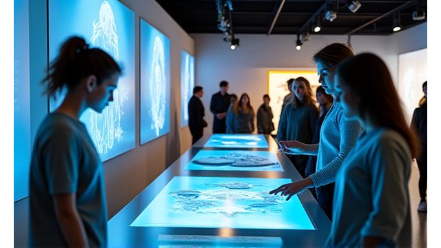 Students actively participating in a hands-on historical exhibit within a university setting, utilizing augmented reality devices.