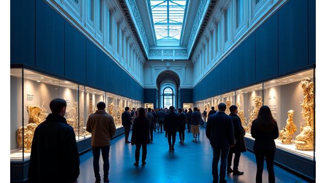 A wide shot of a modern wing of a London museum, showcasing historical artifacts in well-lit display cases, with visitors observing.