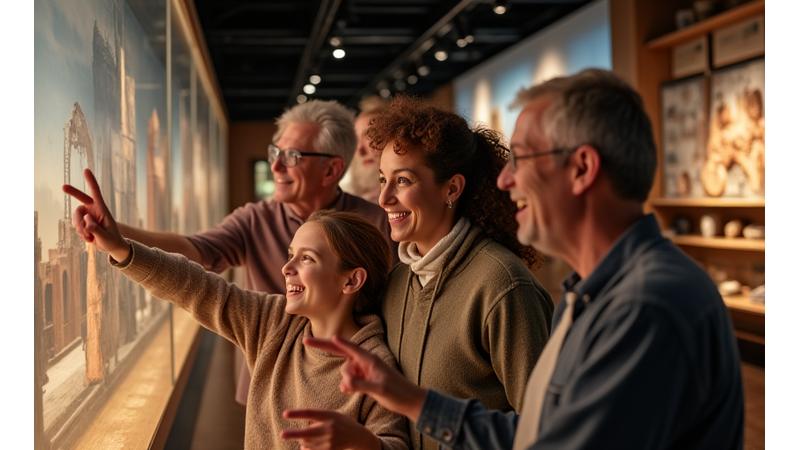 A diverse group of visitors of all ages engaging with an exhibit, smiling and actively discussing.
