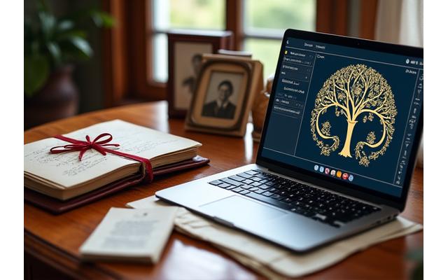 A meticulously organized collection of family heirlooms: a leather-bound photo album, a neatly tied bundle of vintage letters, a framed antique photograph, and a modern digital tablet displaying a digital family tree on a polished wooden surface, bathed in soft, natural light.