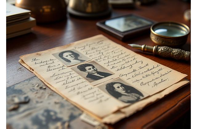 A collage of vintage family photographs, old handwritten letters, a magnifying glass, and a classic fountain pen, arranged on an antique wooden desk, symbolizing the journey of genealogical discovery and preservation.