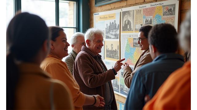 Community members gathered around historical photographs in East London