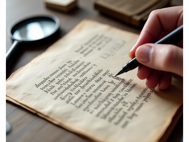 Desk with open historical manuscript, quill pen, and magnifying glass, symbolizing meticulous academic editing.