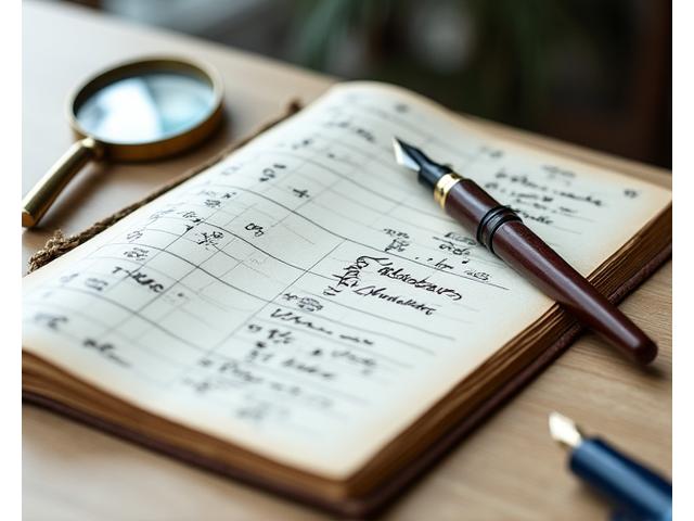 Open ledger book with transparent pricing, magnifying glass, and a pen, symbolizing clarity in academic service costs.
