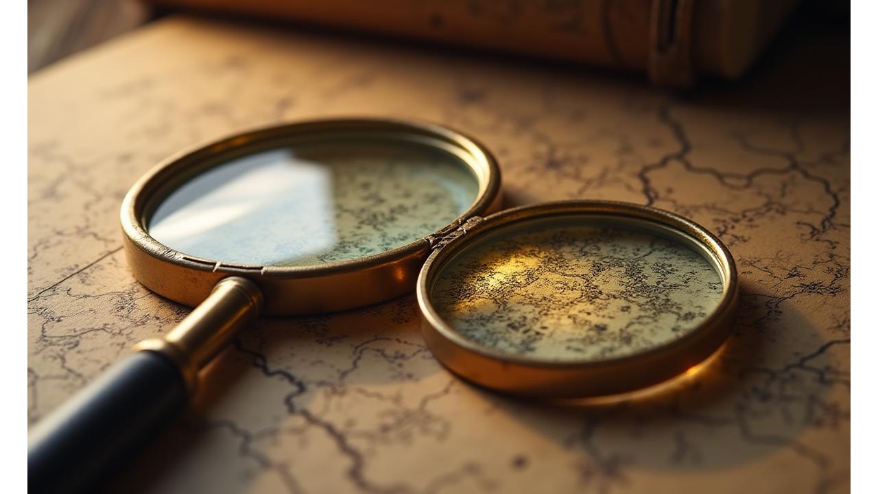 Illustration of a magnifying glass over an old manuscript, revealing a hidden detail, symbolizing microhistory research and discovery.