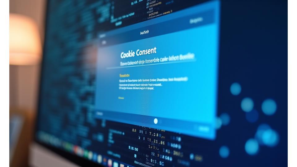 Close-up of a computer screen displaying cookie consent options, with abstract digital data flowing around it.