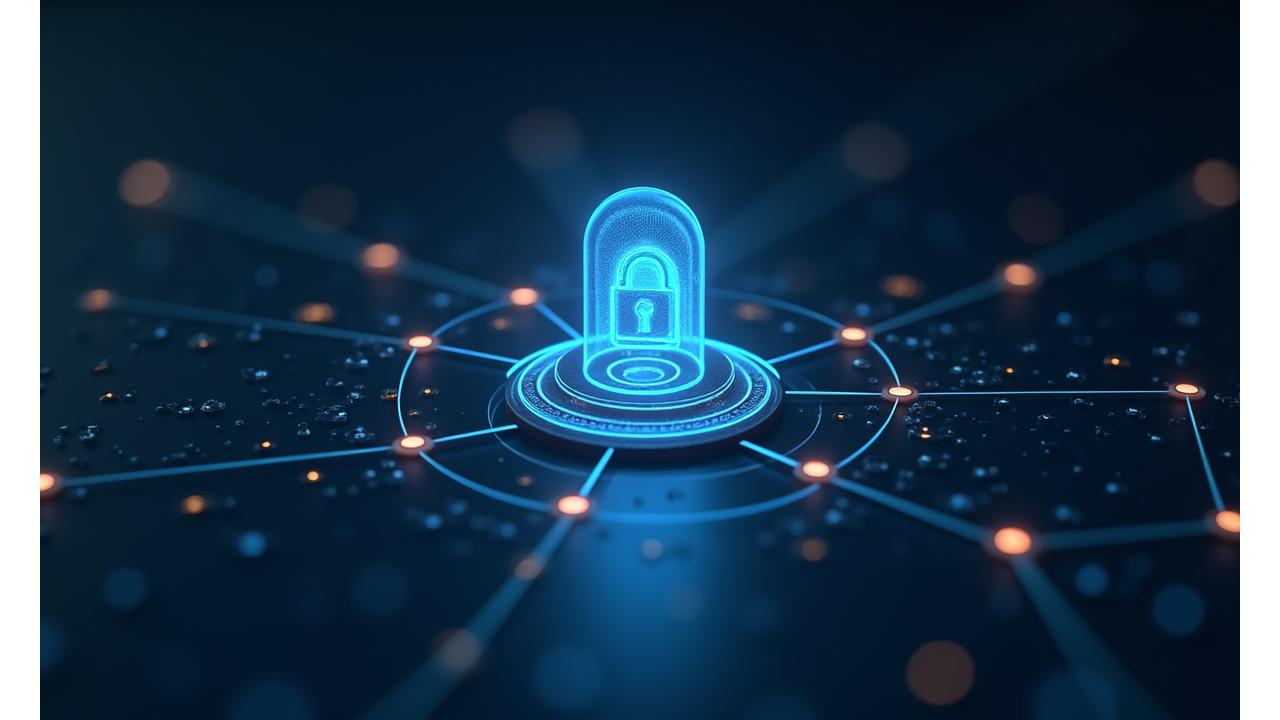 Abstract depiction of digital security and data protection, with interconnected nodes and a shield icon.