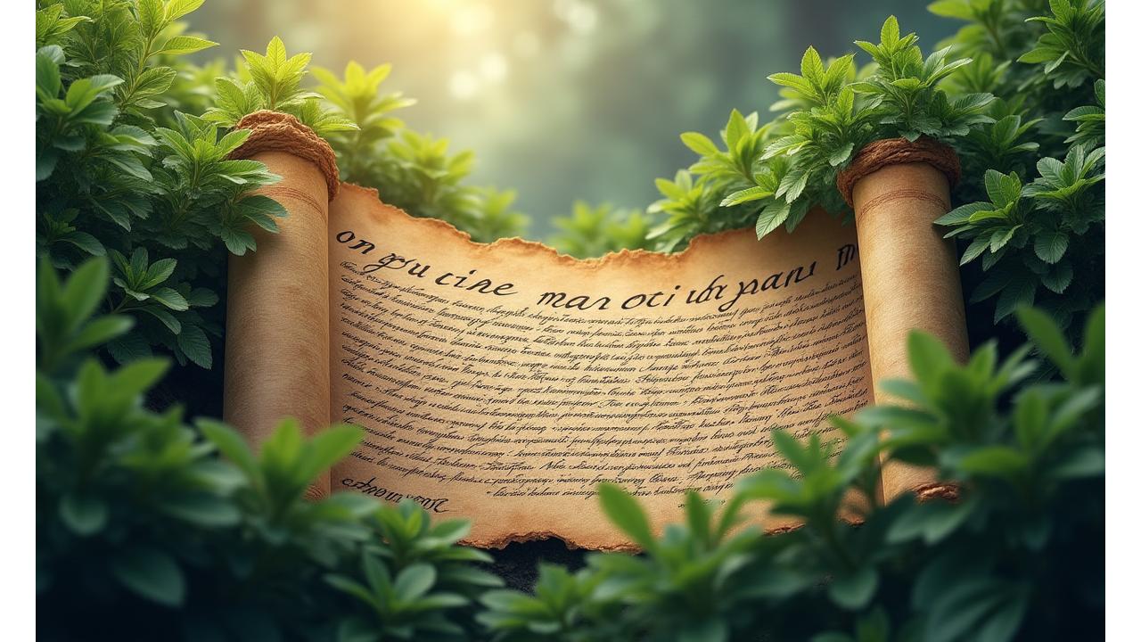 Ancient parchment scroll merging digitally into a vibrant, healthy forest with historical texts subtly visible