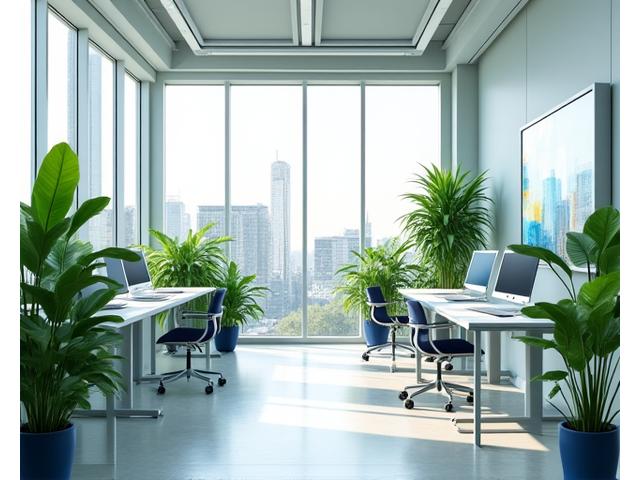 Modern, eco-friendly office space with natural light, green plants, and digital screens
