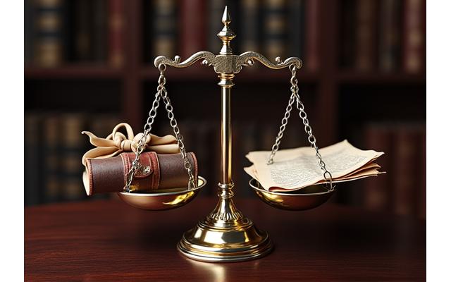 A balanced scale of justice, with antique books and historical documents on one side and a modern legal contract on the other, symbolizing fair governance and professional standards.