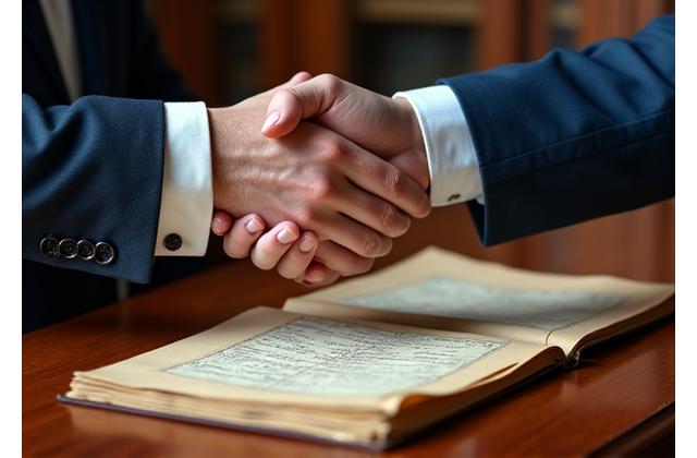 Two hands, one belonging to a scholar or researcher and the other to a client, shaking firmly over a historical manuscript or a desk with research tools, representing a trusting and professional agreement.